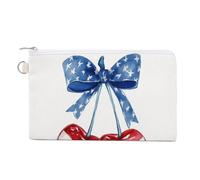 Jubonexis Canvas Wallet Bag,Watercolor Cherries Horizontal White Red Stripes Print Coin Purse, Zipper Change Purse,Small Cosmetic Bag