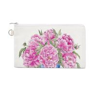 Jubonexis Canvas Wallet Bag,Watercolor Chinoiserie Vase Pink Peonies Print Coin Purse, Zipper Change Purse,Small Cosmetic Bag