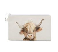 Jubonexis Canvas Wallet Bag,Watercolor Highland Cow Sitting on Books Print Coin Purse, Zipper Change Purse,Small Cosmetic Bag