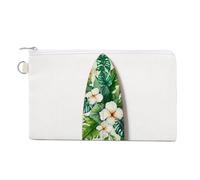 Jubonexis Canvas Wallet Bag,Watercolor Surfboard with Hibiscus Monstera Leaves Print Coin Purse, Zipper Change Purse,Small Cosmetic Bag