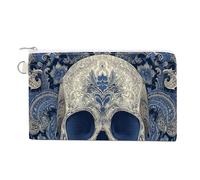 Jubonexis Canvas Wallet Bag,White and Blue Skull Motif Print Coin Purse, Zipper Change Purse,Small Cosmetic Bag