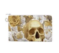 Jubonexis Canvas Wallet Bag,White and Gold Skull and Roses Print Coin Purse, Zipper Change Purse,Small Cosmetic Bag
