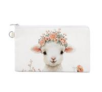 Jubonexis Canvas Wallet Bag,White Lamb Sitting in The Floral Garden Print Coin Purse, Zipper Change Purse,Small Cosmetic Bag