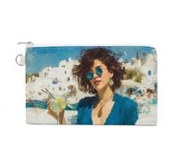 Jubonexis Canvas Wallet Bag,Woman Drinking at The Beach Print Coin Purse, Zipper Change Purse,Small Cosmetic Bag