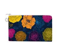 Jubonexis Canvas Wallet Bag,Yellow and Pink Roses on Deep Blue Print Coin Purse, Zipper Change Purse,Small Cosmetic Bag
