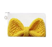 Jubonexis Canvas Wallet Bag,Yellow Bow Crochet Stitches Print Coin Purse, Zipper Change Purse,Small Cosmetic Bag
