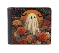 Jubonexis Cartoon Bed Sheet Ghost Boho Flowers Soft PU Leather Bifold Wallet, Coin Purse Credit Pass Case, Durable Card-Holder Slim Billfold for Men Woman Money Storage