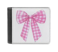Jubonexis Cartoon Bow Preppy Pink Checkered Soft PU Leather Bifold Wallet, Coin Purse Credit Pass Case, Durable Card-Holder Slim Billfold for Men Woman Money Storage