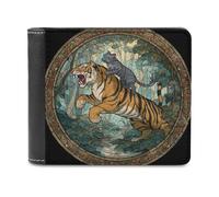 Jubonexis Cat Riding on Roaring Tiger Soft PU Leather Bifold Wallet, Coin Purse Credit Pass Case, Durable Card-Holder Slim Billfold for Men Woman Money Storage
