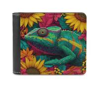 Jubonexis Chameleon Tropical Floral Sunflowers Soft PU Leather Bifold Wallet, Coin Purse Credit Pass Case, Durable Card-Holder Slim Billfold for Men Woman Money Storage