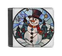 Jubonexis Cheerful Snowman Snowy Winter Stained Glass Soft PU Leather Bifold Wallet, Coin Purse Credit Pass Case, Durable Card-Holder Slim Billfold for Men Woman Money Storage