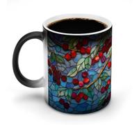 Jubonexis Cherries with Blue Stained Glass Color Changing Mugs Heat Changing Ceramic Coffee Mug Novelty Funny Tea Water Cup 11OZ