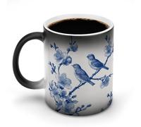 Jubonexis Chinese Blue and White Porcelain Birds Color Changing Mugs Heat Changing Ceramic Coffee Mug Novelty Funny Tea Water Cup 11OZ