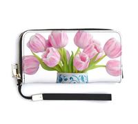 Jubonexis Chinoiserie Vase with Pink Tulips Blue Pattern PU Leather Clutch Long Bifold Wallet, Coin Purse Credit Pass Case, Durable Card-Holder Money Storage for Women Men