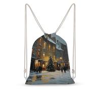 Jubonexis Christmas Tree on Old Town Street Corner Drawstring Backpack Canvas String Bag Lightweight Sports Gym Bag for Men Women