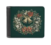 Jubonexis Christmas Wreath with Bells Pine Soft PU Leather Bifold Wallet, Coin Purse Credit Pass Case, Durable Card-Holder Slim Billfold for Men Woman Money Storage