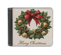 Jubonexis Christmas Wreath with Holly Leaves Soft PU Leather Bifold Wallet, Coin Purse Credit Pass Case, Durable Card-Holder Slim Billfold for Men Woman Money Storage