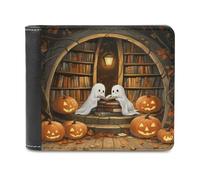 Jubonexis Circular Library Halloween Ghosts Pumpkin Soft PU Leather Bifold Wallet, Coin Purse Credit Pass Case, Durable Card-Holder Slim Billfold for Men Woman Money Storage