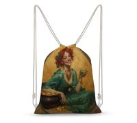 Jubonexis Classical Smiling Woman And Gold Coins Drawstring Backpack Canvas String Bag Lightweight Sports Gym Bag for Men Women