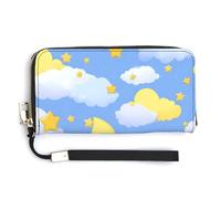 Jubonexis Clouds and Stars Cartoon PU Leather Clutch Long Bifold Wallet, Coin Purse Credit Pass Case, Durable Card-Holder Money Storage for Women Men