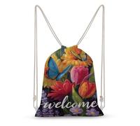 Jubonexis Colorful Blooming Flowers And Two Butterflies Drawstring Backpack Canvas String Bag Lightweight Sports Gym Bag for Men Women