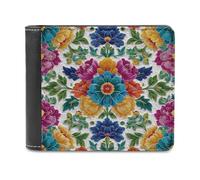 Jubonexis Colorful Flower Floral Motifs Pattern Blue Red Soft PU Leather Bifold Wallet, Coin Purse Credit Pass Case, Durable Card-Holder Slim Billfold for Men Woman Money Storage