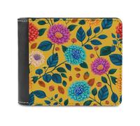 Jubonexis Colorful Flowers and Leaves on Yellow Soft PU Leather Bifold Wallet, Coin Purse Credit Pass Case, Durable Card-Holder Slim Billfold for Men Woman Money Storage