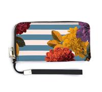 Jubonexis Colorful Flowers on Blue Striped PU Leather Clutch Long Bifold Wallet, Coin Purse Credit Pass Case, Durable Card-Holder Money Storage for Women Men