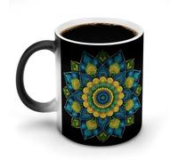 Jubonexis Colorful Indian Mandala Pattern Blue Green Color Changing Mugs Heat Changing Ceramic Coffee Mug Novelty Funny Tea Water Cup 11OZ
