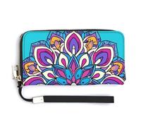 Jubonexis Colorful Mandala Flower on Blue PU Leather Clutch Long Bifold Wallet, Coin Purse Credit Pass Case, Durable Card-Holder Money Storage for Women Men