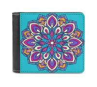 Jubonexis Colorful Mandala Flower on Blue Soft PU Leather Bifold Wallet, Coin Purse Credit Pass Case, Durable Card-Holder Slim Billfold for Men Woman Money Storage