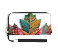 Jubonexis Colorful Maple Leaf with Abstract Shapes PU Leather Clutch Long Bifold Wallet, Coin Purse Credit Pass Case, Durable Card-Holder Money Storage for Women Men