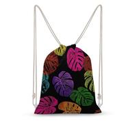 Jubonexis Colorful Monstera Leaves Bold Outlines Neon Colors Drawstring Backpack Canvas String Bag Lightweight Sports Gym Bag for Men Women