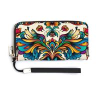 Jubonexis Colorful Peacock Feathers and Flowers Pattern PU Leather Clutch Long Bifold Wallet, Coin Purse Credit Pass Case, Durable Card-Holder Money Storage for Women Men