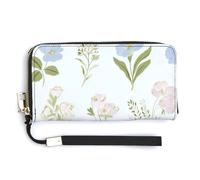 Jubonexis Colorful Pink Flowers on Pastel Blue PU Leather Clutch Long Bifold Wallet, Coin Purse Credit Pass Case, Durable Card-Holder Money Storage for Women Men