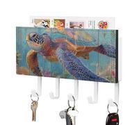 Jubonexis Colorful Sea Turtle on Old Wooden Key Holder for Wall Mail Organizer Wall Mount with 5 Hooks Acrylic Key Rack for Home Office Entryway