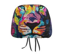 Jubonexis Colorful Street Art Lion Face Printed Car Headrest Cover,2 Pieces, Elastic Comfort Head Rest Cover for Women Men, Universal Fits Most Cars Van SUV Truck, Car Interior Decor Accessories