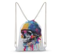 Jubonexis Colorful Street Art Skull with Beanie Graffiti Drawstring Backpack Canvas String Bag Lightweight Sports Gym Bag for Men Women