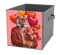 Jubonexis Cool Tiger Holding Heart-shape Balloons Roses Cube Storage Bins Storage Cubes Foldable Decorative Fabric Storage Baskets Home Organizers with Handles for Shelves,Closet, 27x27 CM