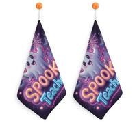 Jubonexis Coquette Ghost Neon SPOOKY Teacher Halloween Small Hand Towel with Hanging Loop 2 PCS Absorbent Soft Wash Cloth for Kitchen Bathroom