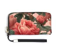 Jubonexis Coral Pink Peonies PU Leather Clutch Long Bifold Wallet, Coin Purse Credit Pass Case, Durable Card-Holder Money Storage for Women Men