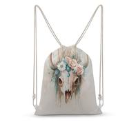 Jubonexis Cow Skull with Turquoise Stones Roses Daisies Drawstring Backpack Canvas String Bag Lightweight Sports Gym Bag for Men Women