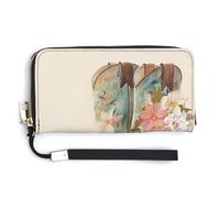 Jubonexis Cowboy Boots with Pastel Flowers PU Leather Clutch Long Bifold Wallet, Coin Purse Credit Pass Case, Durable Card-Holder Money Storage for Women Men