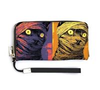 Jubonexis Creepy Evil Halloween Cat Mummy PU Leather Clutch Long Bifold Wallet, Coin Purse Credit Pass Case, Durable Card-Holder Money Storage for Women Men