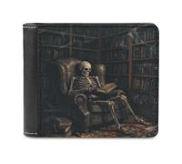 Jubonexis Creepy Skeleton Reading on Armchair Soft PU Leather Bifold Wallet, Coin Purse Credit Pass Case, Durable Card-Holder Slim Billfold for Men Woman Money Storage