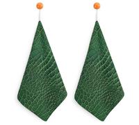 Jubonexis Crocodile Bone Skin Texture Green Leather Small Hand Towel with Hanging Loop 2 PCS Absorbent Soft Wash Cloth for Kitchen Bathroom