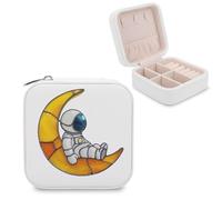 Jubonexis Cute Astronaut Sitting on Crescent Moon Small Jewelry Box Jewelry Organizer Portable PU Leather Mini Travel Jewelry Case