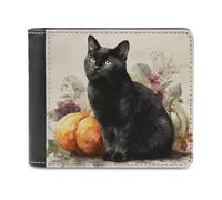 Jubonexis Cute Black Cat and Orange Pumpkin Soft PU Leather Bifold Wallet, Coin Purse Credit Pass Case, Durable Card-Holder Slim Billfold for Men Woman Money Storage