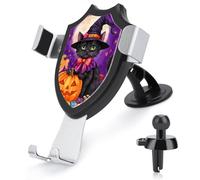 Jubonexis Cute Black Cat in Halloween Attire Pumpkin Car Phone Holder Mount Triangle Clip Base Air Vent Cell Phone Car Mount Automotive Accessories for 4-6 Inches Cell Smartphones
