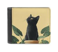 Jubonexis Cute Black Cat Sitting on Beige Pot Soft PU Leather Bifold Wallet, Coin Purse Credit Pass Case, Durable Card-Holder Slim Billfold for Men Woman Money Storage